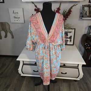 SHEIN Floral V-Neck Dress in Blue and Pink